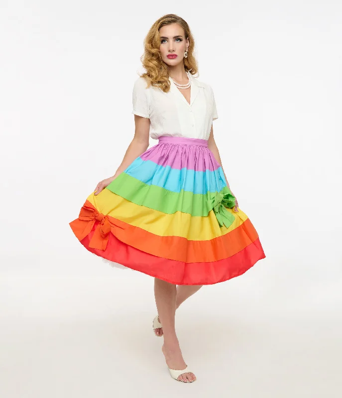 Unique Vintage 1950s Rainbow Stripe Gellar Swing Skirt modal blend skirt