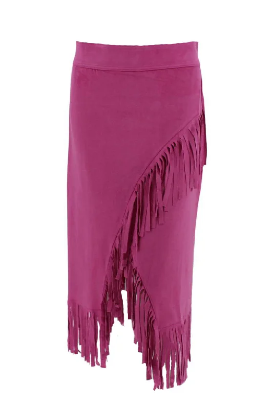 Way Magenta Long Fringe Skirt button skirt front