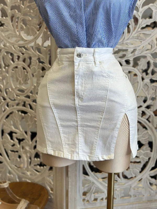 White Denim Slit Mini Skirt- Stretchy silk skirt smooth
