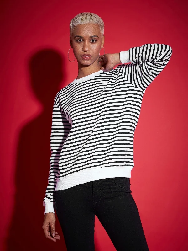 Women Black & White Striped Fleece Sweatshirt Hoodie with Typography Text Message