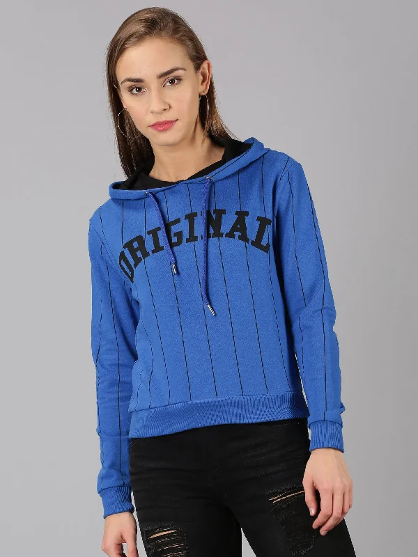 Women Blue Printed Pullover Hoodie Sweatshirt Hoodie with Batwing Sleeves Loose Dramatic