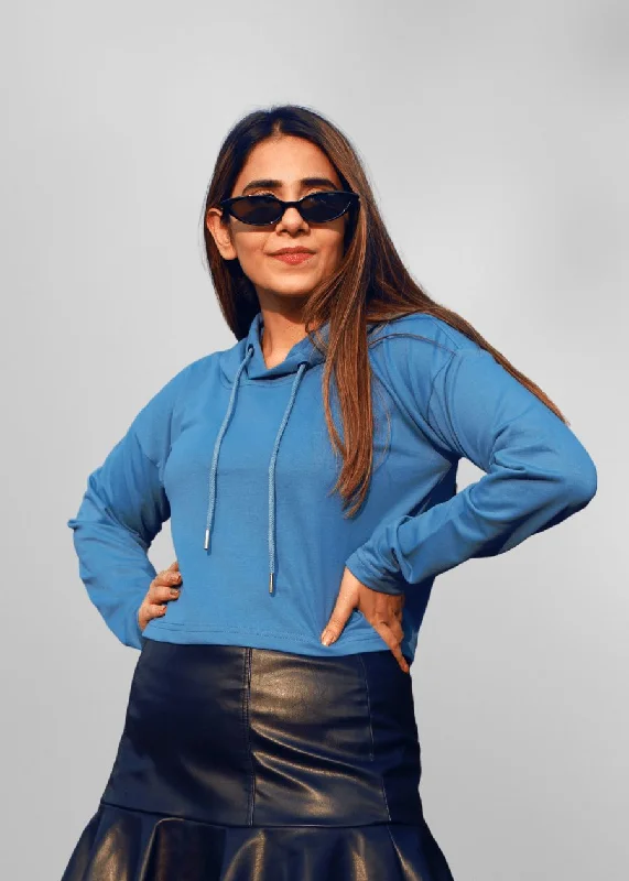 Denim Blue Women Cropped Solid Hoodie | Shop Now | Pronk Zip Hoodie Drawstring Kangaroo Pocket