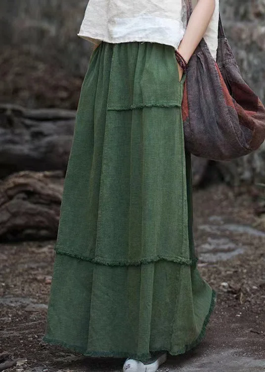 Women Green Pockets Raw Edge Patchwork Linen Skirt Spring lace skirt delicate