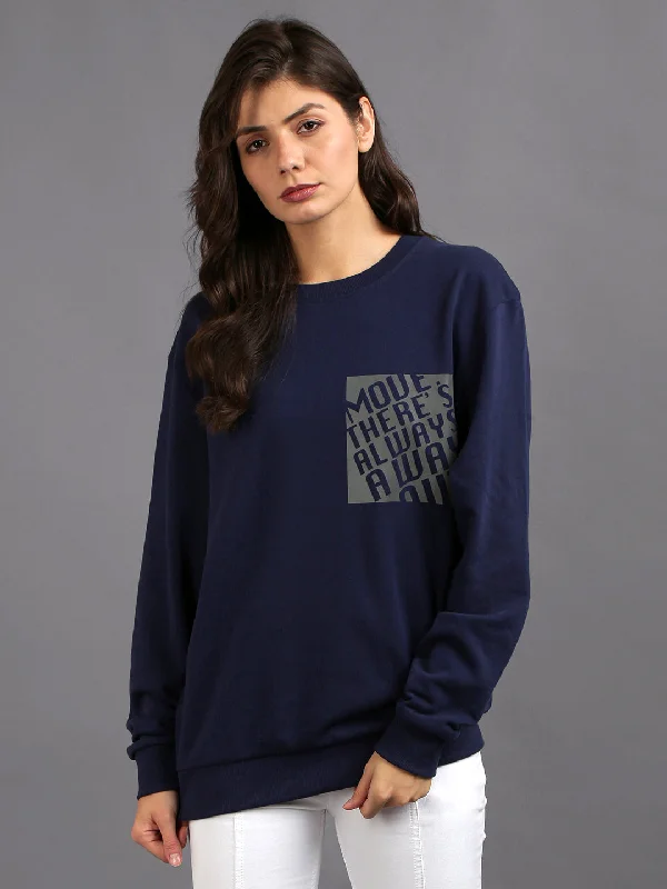 Women Navy Blue Printed Cotton Pullover Sweatshirt Hoodie with Neon Bright Vibrant