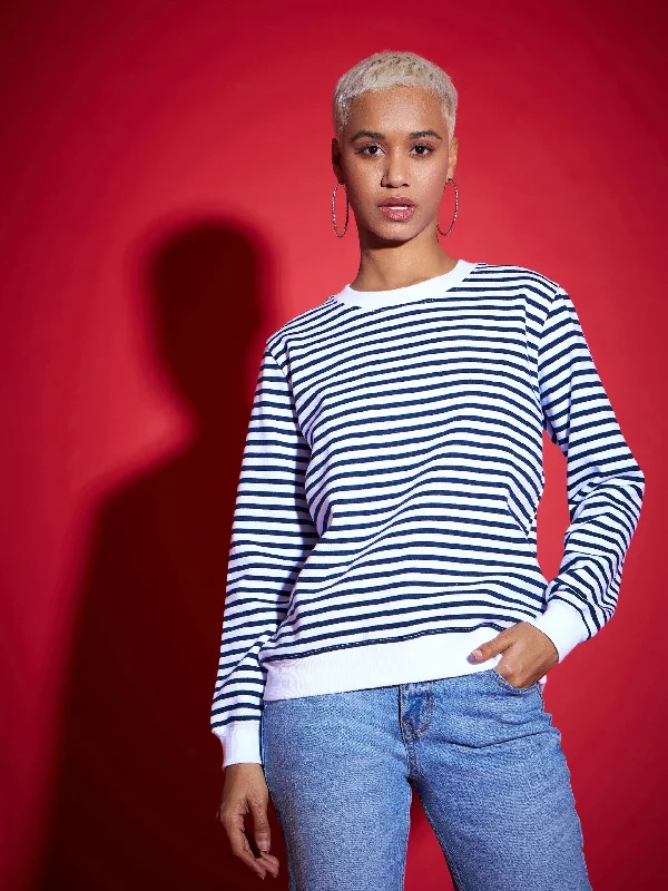 Women Navy & White Striped Fleece Sweatshirt Hoodie with Button Placket Classic Preppy Women Navy & White Striped Fleece Sweatshirt Hoodie with Button Placket Classic Preppy