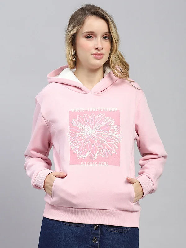 Women Pink Printed Hooded Full Sleeve Sweatshirt Hoodie with Metallic Shiny Futuristic