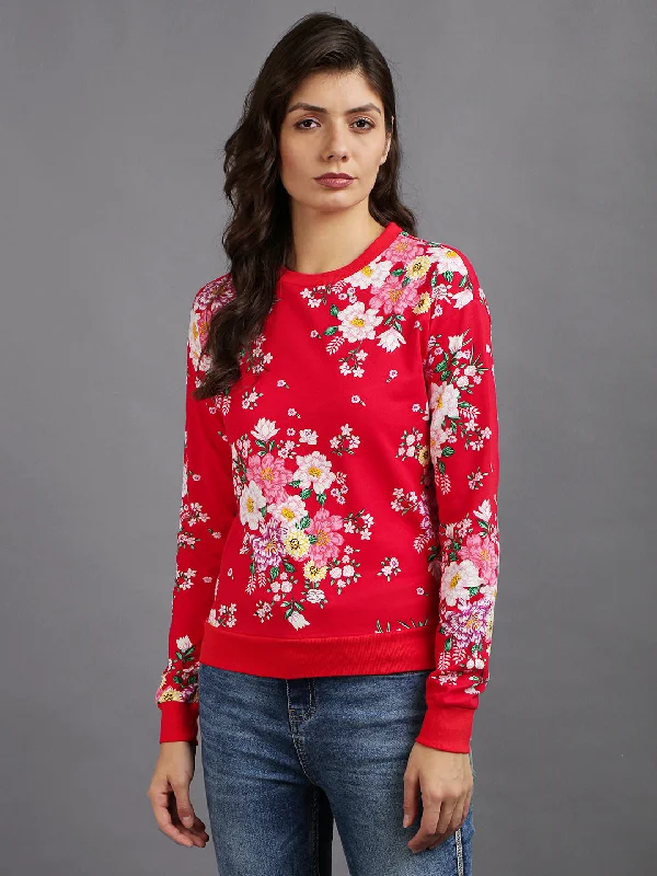 Women Red Cotton Flower Print Pullover Sweatshirt Hoodie with Mock Neck Collared Structured