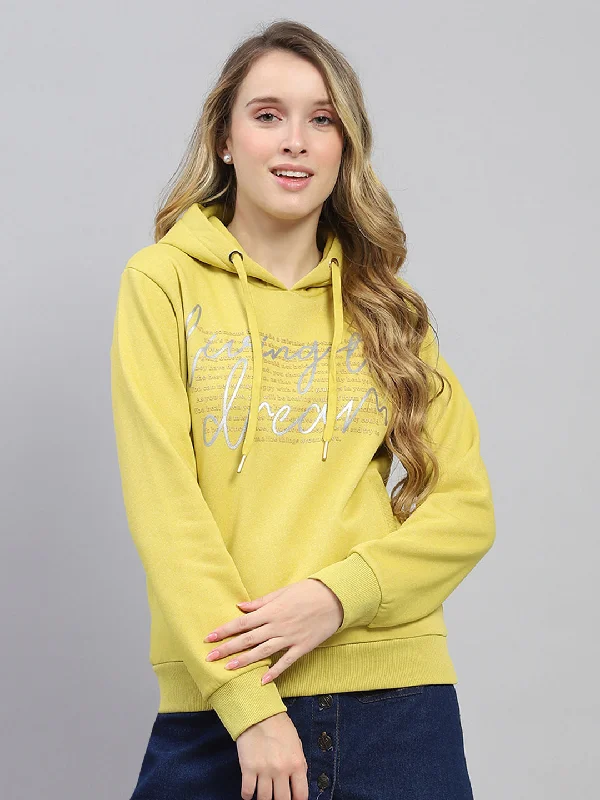 Women Yellow Printed Hooded Full Sleeve Sweatshirt Hoodie with Elastic Cuffs Stretchable Comfortable