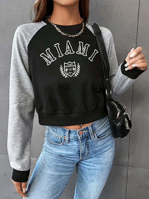 Women's Cropped Raglan Long Sleeve Slogan Sweatshirt Hoodie with Tied Waist Feminine Flattering