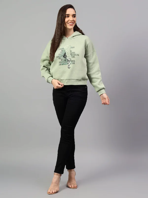 Women's Sea Green Printed Hoody Neck Crop Sweatshirt Hoodie Crop Top Short Trendy