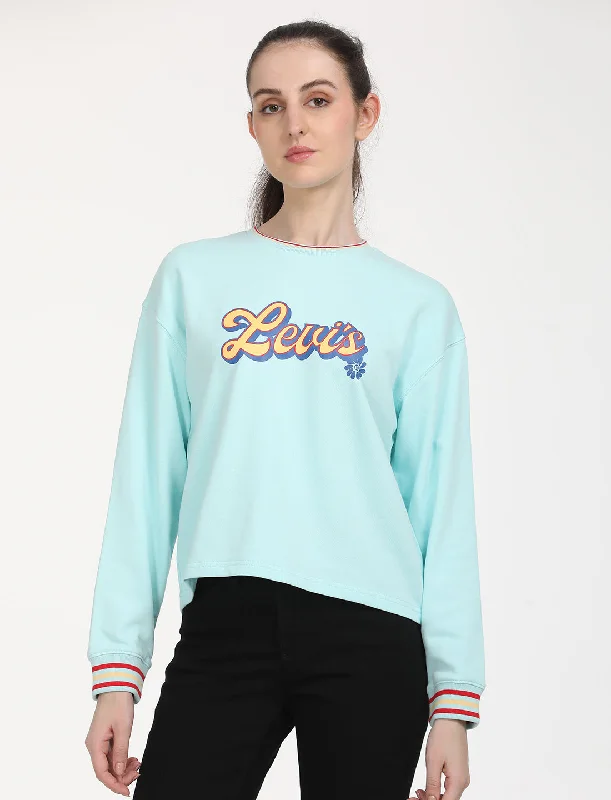 Women's Solid Light Blue Crew Neck Sweatshirt Hoodie with Snap Buttons Easy Quick