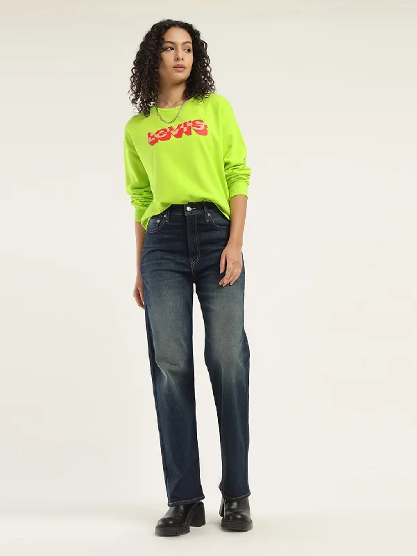 Women's Solid Lime Green Crew Neck Sweatshirt Hoodie with Applique Textured Unique