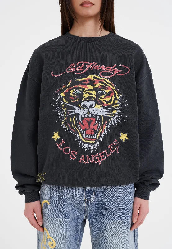 Womens Tiger-Vintage-Roar Crew Neck Sweatshirt - Black Hoodie with Ribbed Neckline Snug Warm Womens Tiger-Vintage-Roar Crew Neck Sweatshirt - Black Hoodie with Ribbed Neckline Snug Warm