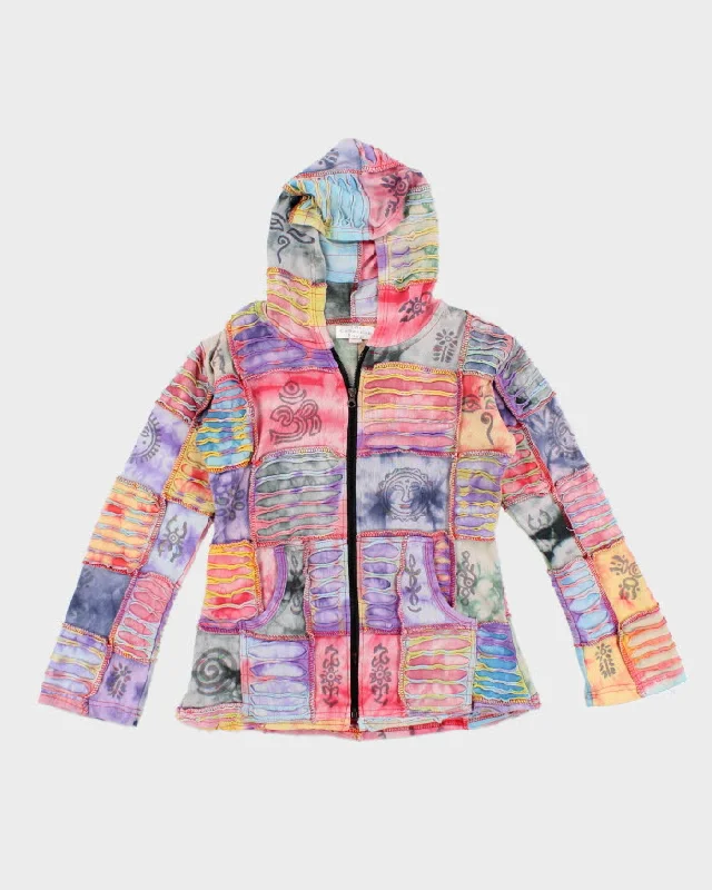 Y2k 00s Tie Dye Slashed Patchwork Hoodie - S Hoodie with Belted Waist Structured Tailored