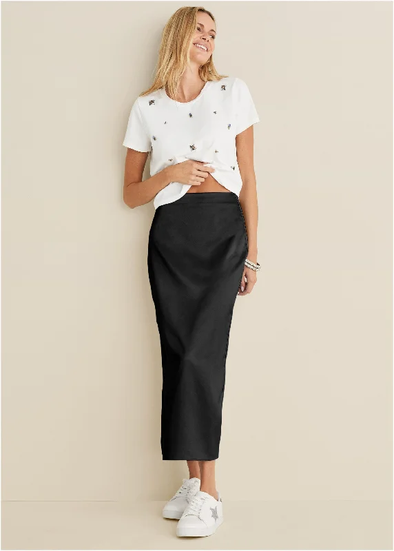 Midi Slip Skirt - Black silk skirt lustrous