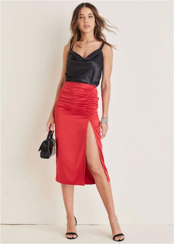 Ruched Detail Midi Skirt - Equestrian Red velvet skirt sumptuous