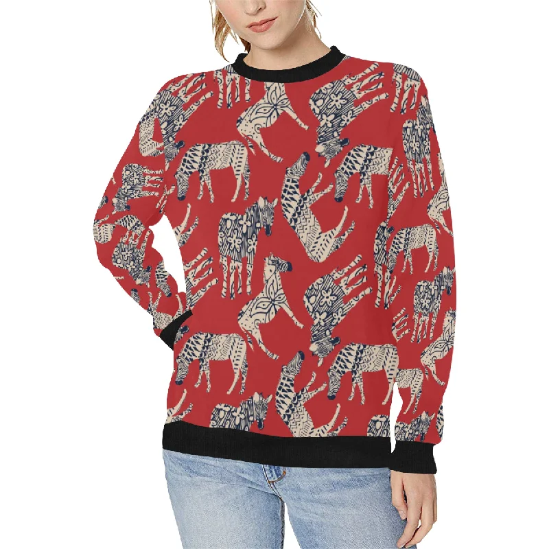 Zebra abstract red background Women's Crew Neck Sweatshirt Hoodie with Emblem Brand Identity