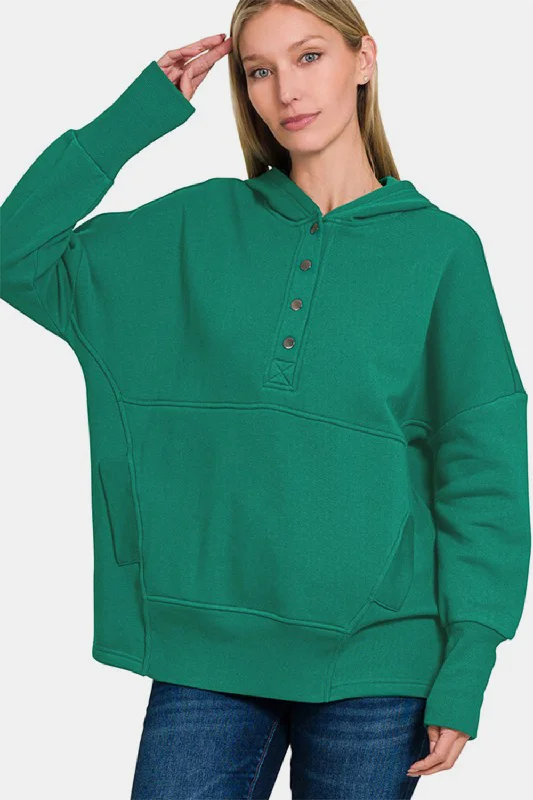 Zenana Half Snap Long Sleeve Hoodie with Kangaroo Pocket Hoodie with Drawstring Waist Adjustable Fitted