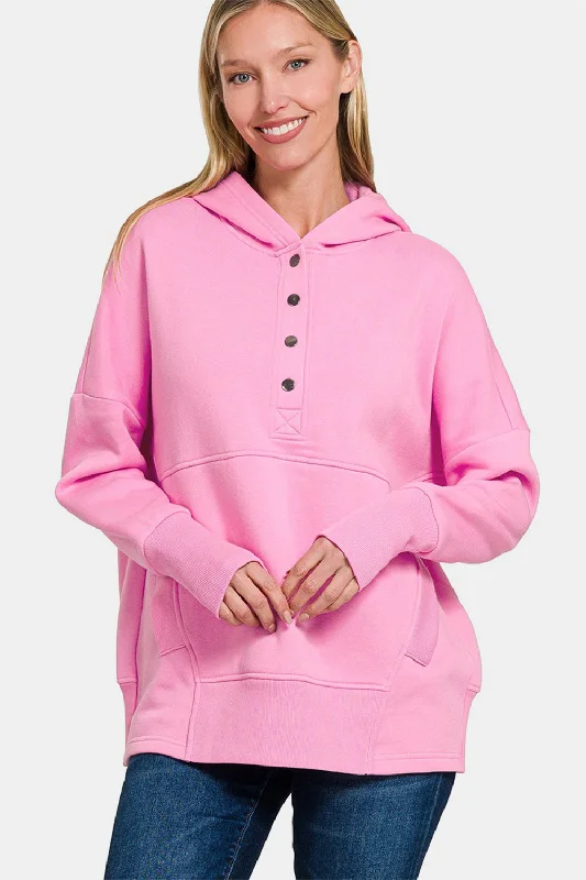 Zenana Half Snap Long Sleeve Hoodie with Kangaroo Pocket Hoodie with Snap Buttons Easy Quick