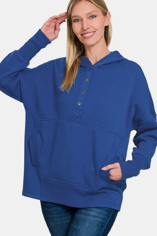Zenana Half Snap Long Sleeve Hoodie with Kangaroo Pocket Hoodie with Hidden Zipper Minimalist Clean