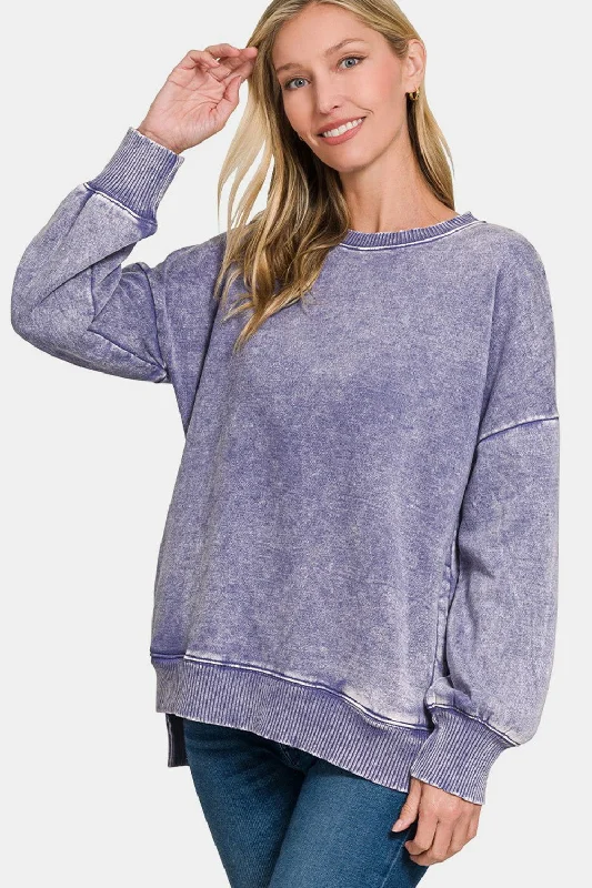 Zenana High-Low Acid Wash Fleece Sweatshirt In Mauve Hoodie with Hem Detail Decorative Unique