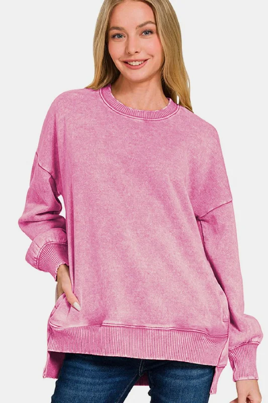 Zenana High-Low Acid Wash Fleece Sweatshirt In Pink Hoodie with High Neck Warm Protective